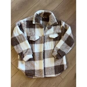 Womens Cozy Plaid‎ Sherpa Shacket Jacket Brown White Button Down Size M